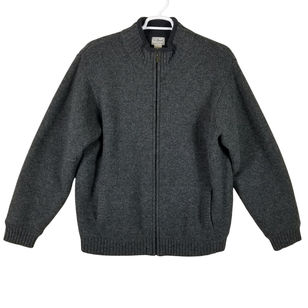 LL Bean Full Zip Sweater Mens XL Grey Lambswool Fleece Lined Mock Neck 251464